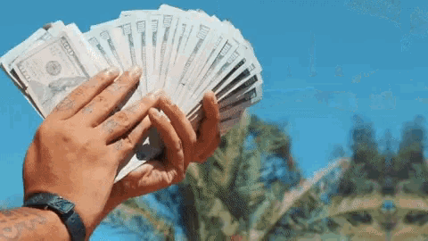 a person is holding a fan of 100 dollar bills in their hands