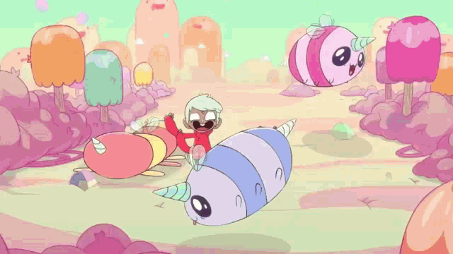 a cartoon scene with a rainbow and a cat and a unicorn