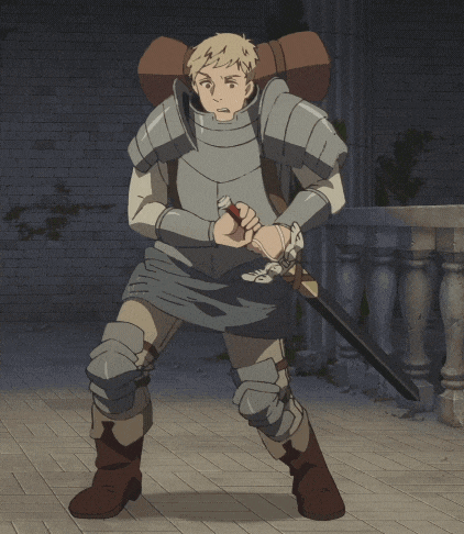 a man in armor is holding a sword and a backpack
