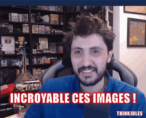 a man sitting in front of a microphone with the words incroyable ces images written below him