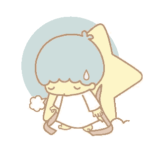 a little twin stars cartoon character is sitting on a star with his eyes closed .