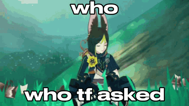 a video game character is sitting in the grass with the caption who who tf asked .