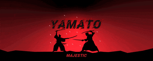 a poster for yamato majestic features two samurai fighting each other