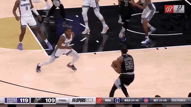 a basketball game between the kings and the spurs is being played