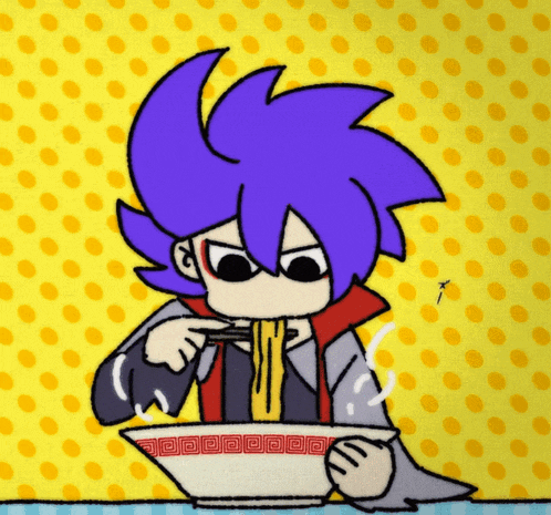 a cartoon character is eating noodles from a bowl