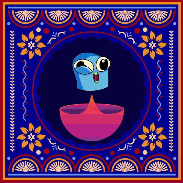 a colorful illustration of a cartoon character with a bowl in the middle