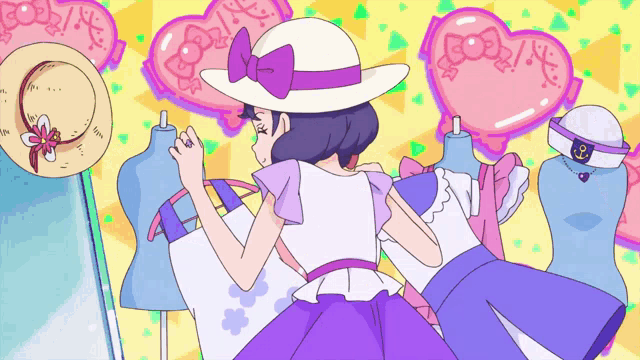 a girl in a purple dress and white hat is looking at clothes on a mannequin