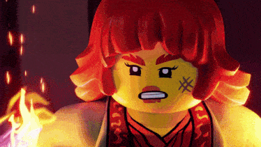 a close up of a lego figure with red hair and a tattoo on her face