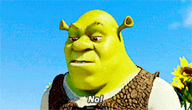 shrek from the movie shrek says no in front of a field of sunflowers
