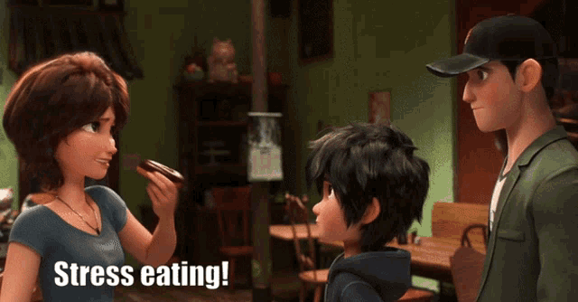 a cartoon scene with the words stress eating written on it