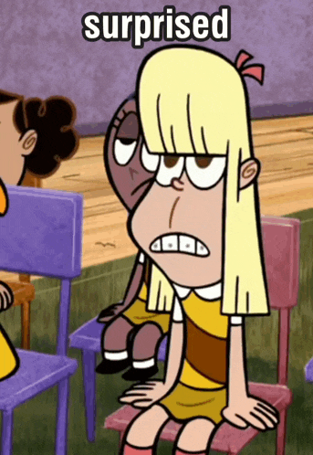 a cartoon girl is sitting in a chair with the word surprised written above her