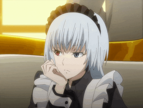 a girl with blue hair and red eyes is wearing a maid outfit