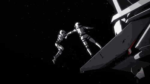 two astronauts are standing on top of a space ship in the dark