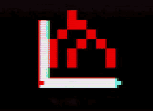 a black background with red and white squares and a blue line