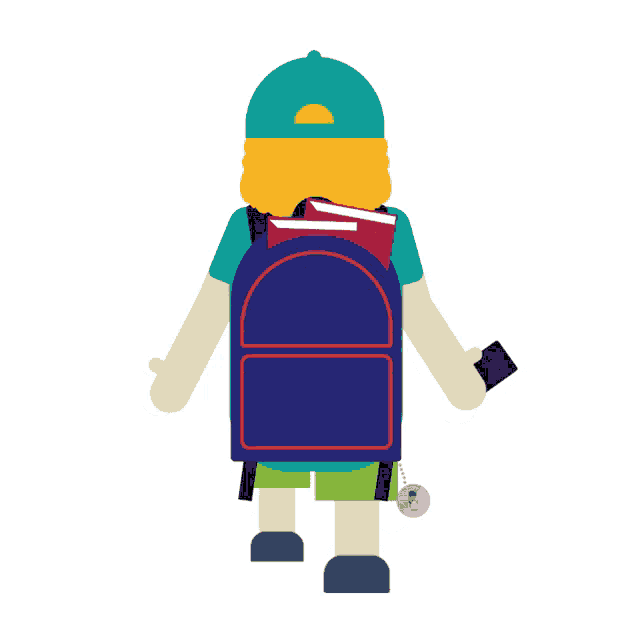 a boy wearing a blue hat and carrying a backpack