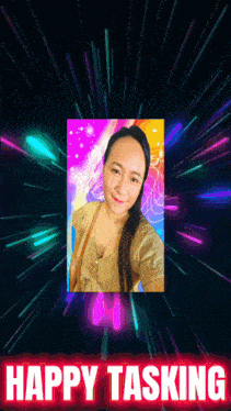 a picture of a woman with the words happy tasking above her