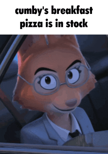a cartoon of a fox with glasses and the caption cumby 's breakfast pizza is in stock
