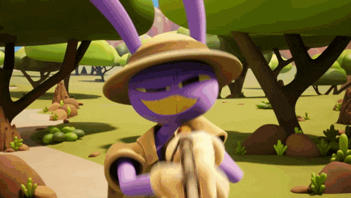 a purple cartoon character wearing a hat holds a stick