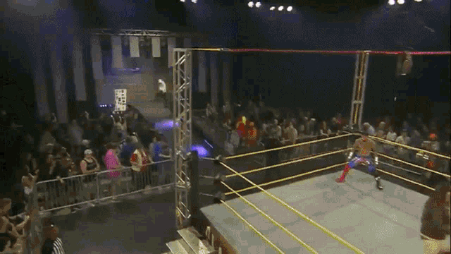 a crowd of people watching a wrestling match with the words honor more on the screen behind them