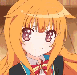 a close up of a anime girl with orange hair