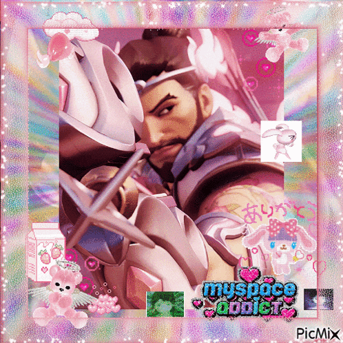 a picture of a man holding a bow and arrow with the words myspace addict on the bottom right
