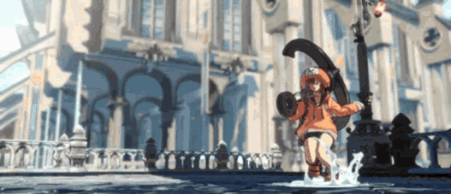 a girl in an orange hoodie is standing in front of a building holding a tire