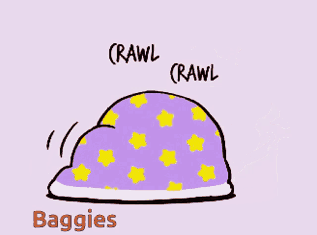 a cartoon of a teddy bear laying under a purple blanket that says chomp on it