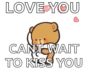a teddy bear is hugging another teddy bear and saying `` love you can 't wait to kiss you '' .