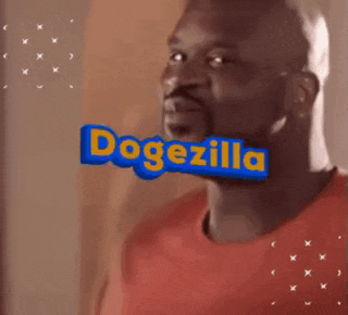 a man in a red shirt is looking at the camera with the word dogezilla on his face .