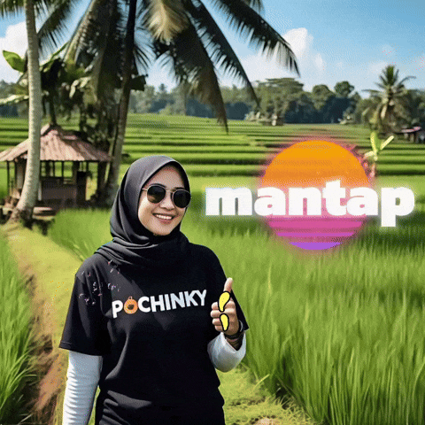 a woman wearing a shirt that says pochinky gives a thumbs up in front of a field