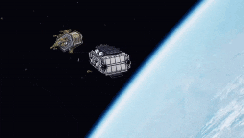 two satellites are flying over the earth in the space