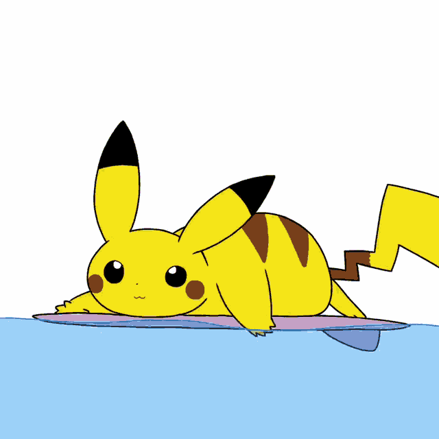 a pikachu laying on top of a surfboard in the water