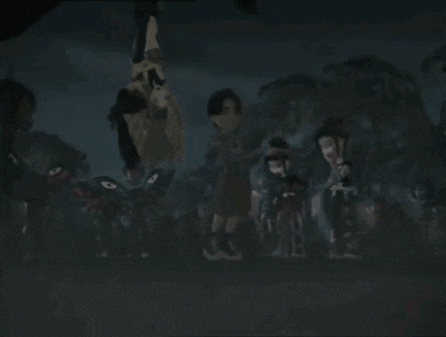 a group of cartoon characters are standing together in the dark