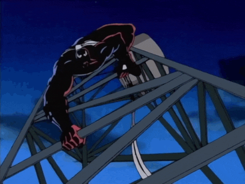 a cartoon drawing of a man in a black suit hanging from a metal structure