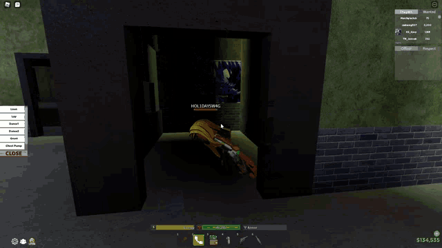 a screenshot of a video game shows a person laying in a doorway with the words holidayfang written on the wall