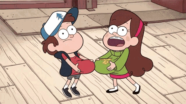 a cartoon of a girl holding a boy 's stomach