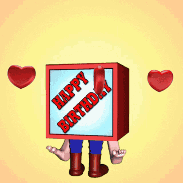 a cartoon character with hearts and a happy birthday sign