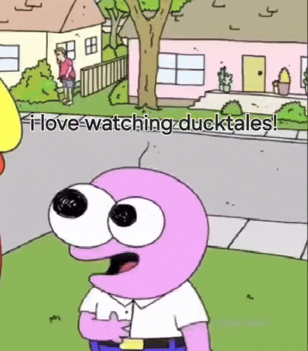 a cartoon character is standing in front of a pink house .