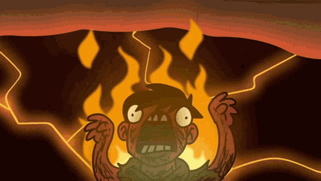 a cartoon drawing of a man surrounded by fire
