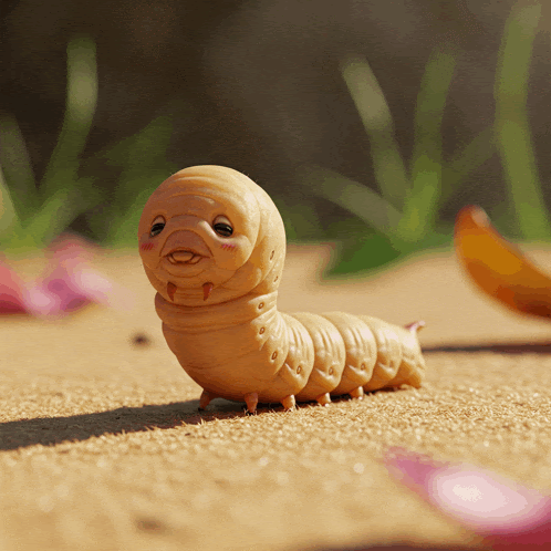 a cartoon caterpillar is crawling on the ground with flowers in the background