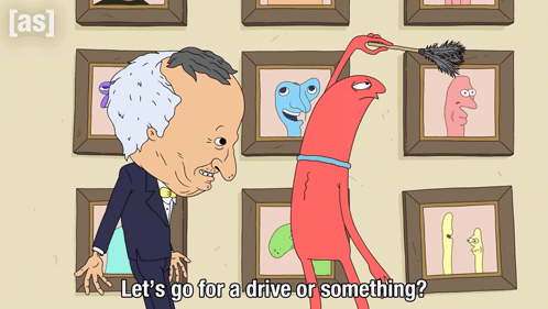 a cartoon says let 's go for a drive or something in front of a wall of pictures