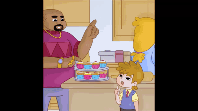 a cartoon of a man pointing at a cupcake display