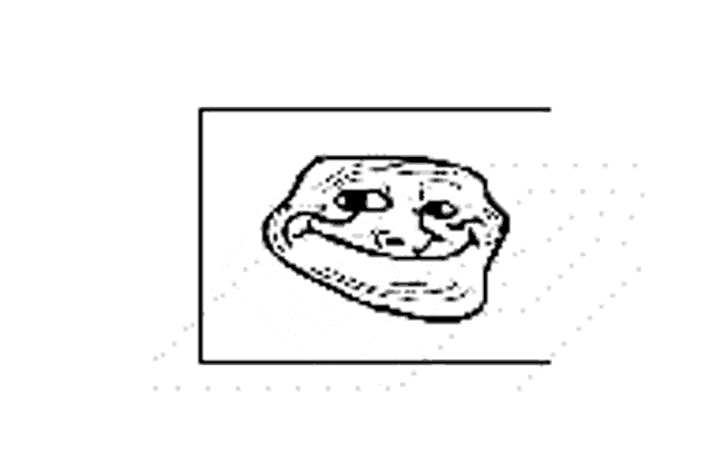 a black and white drawing of a troll face with a big smile on a white background .