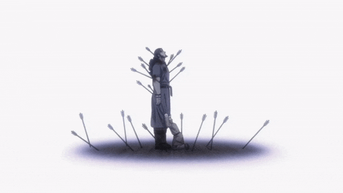 a drawing of a man surrounded by arrows with one pointing at his head