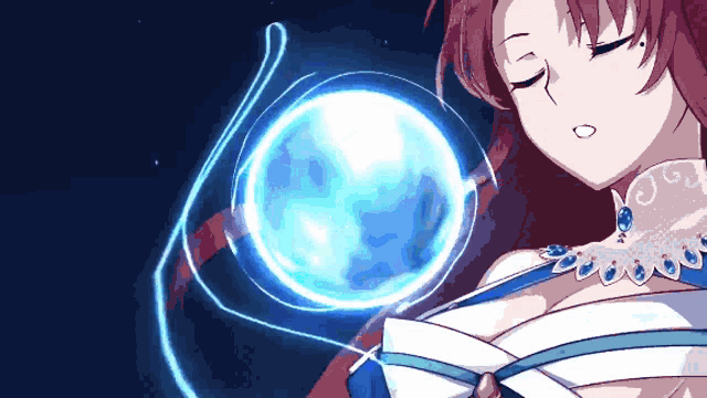a girl with red hair is holding a blue sphere in her hands