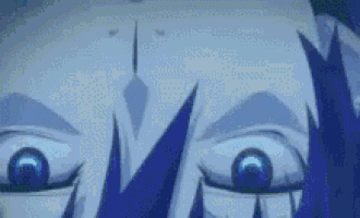 a close up of a person 's face with blue eyes and a blue background .