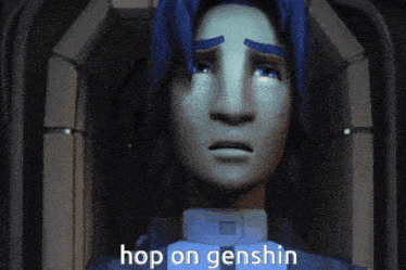a cartoon character with blue hair and the words hop on genshin below him