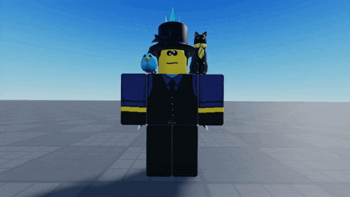 a cartoon character with a top hat and a cat on his head