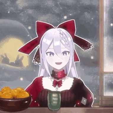 a girl with white hair and a red bow is sitting at a table with a bowl of oranges and a cup .