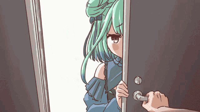 a cartoon of a girl with green hair peeking out from behind a door